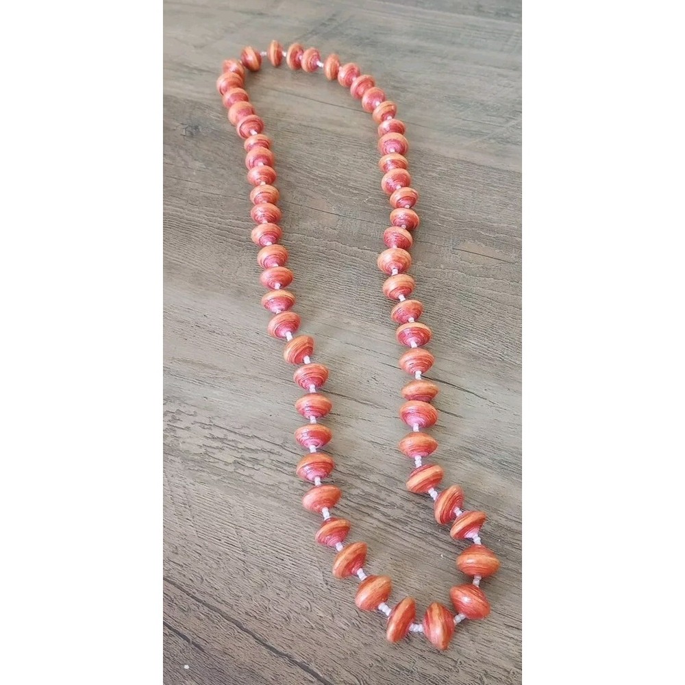 Vintage Paper and Seed Bead Eternity Necklace Orange Boho Hand Crafted 13 Inch